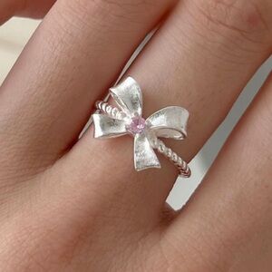 925 sterling silver bow ring with pink cubic zirconia stone size 6.5 adjustable